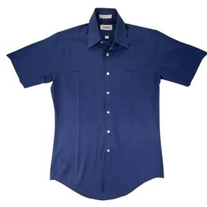 Vintage 70s SEARS Mens Navy Blue‎ Short Sleeve Button Up Work Shirt Size 14 1.5